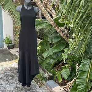 Badgely Mishka, asymmetric handkerchief, hem halter dress with a bow